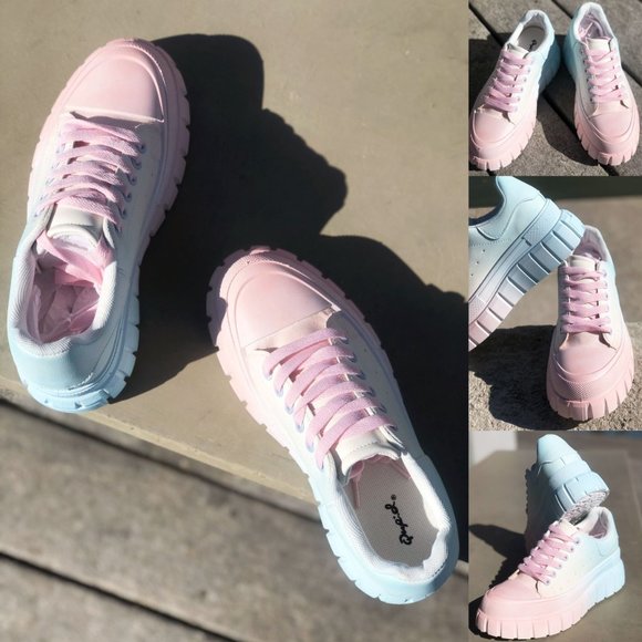 NEW Pastel Pink Blue Ombre Kawaii Cute Platform Low Top Laced Up Sneakers Shoes - Picture 10 of 12